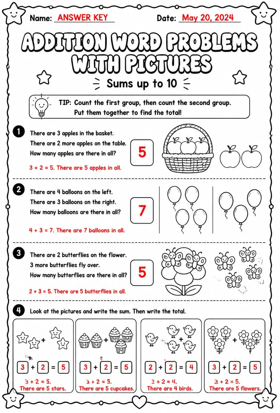 Answer key for Addition word problems with pictures - sums up to 10 — free printable Math worksheet