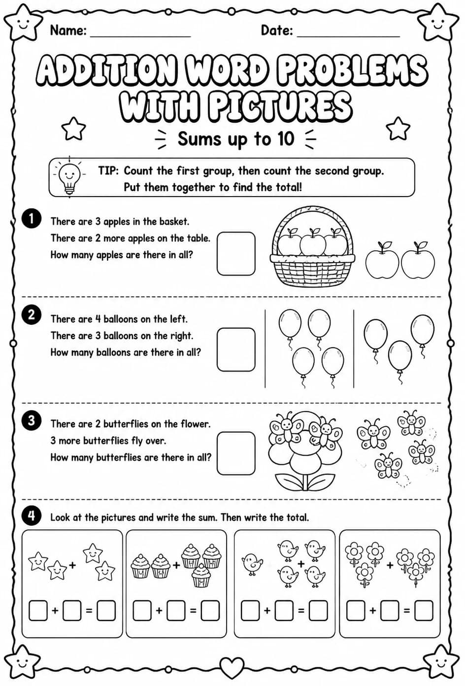 Addition word problems with pictures - sums up to 10 — free printable Pre-K math worksheet