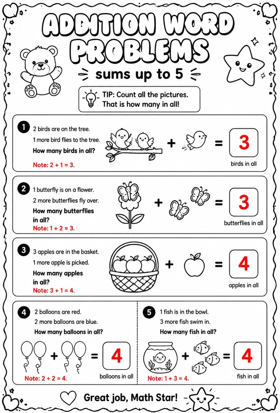 Answer key for Addition word problems with pictures - sums up to 5 — free printable Math worksheet