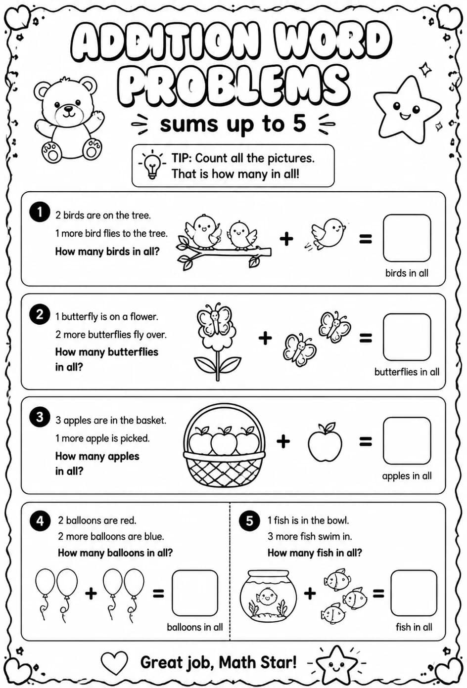 Addition word problems with pictures - sums up to 5 — free printable Pre-K math worksheet