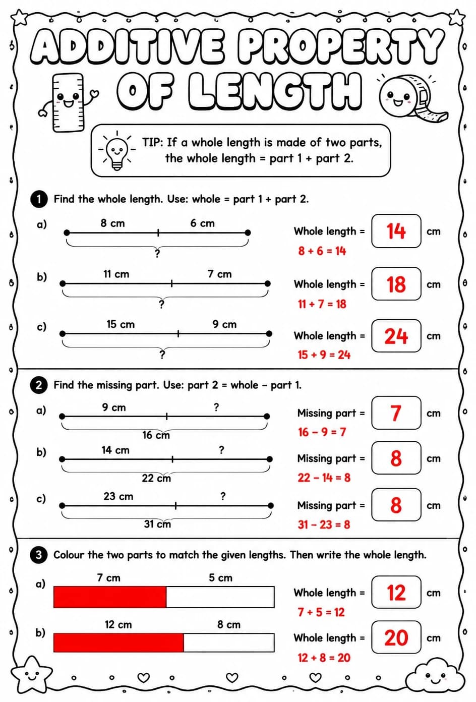 Answer key for Additive property of length — free printable Math worksheet