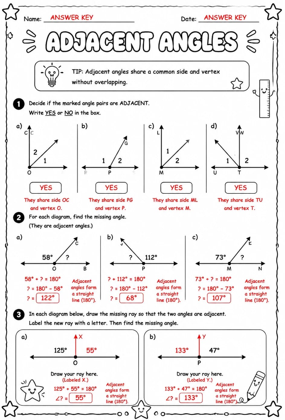 Answer key for Adjacent angles — free printable Math worksheet