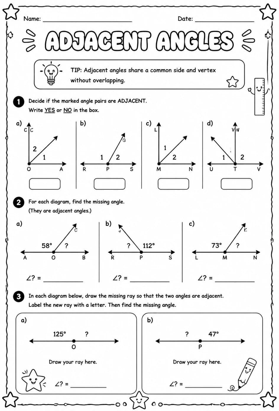 Adjacent angles — free printable Grade 4 math worksheet