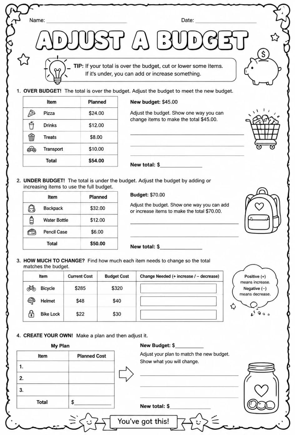 Adjust a budget — free printable Grade 5 math worksheet