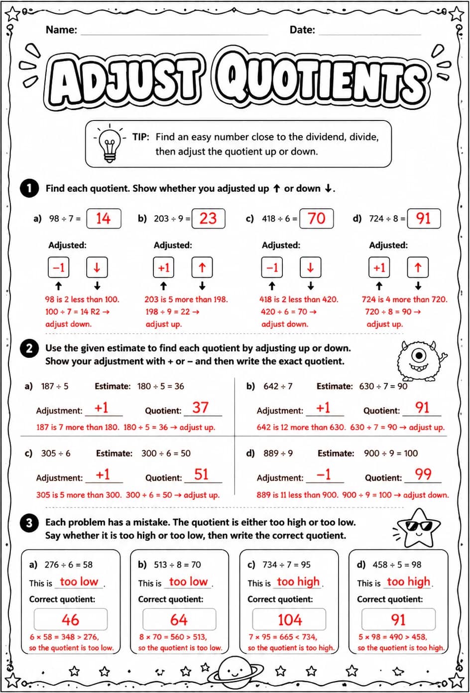 Answer key for Adjust quotients — free printable Math worksheet