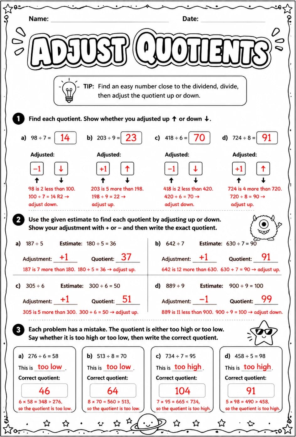 Answer key for Adjust quotients — free printable Math worksheet