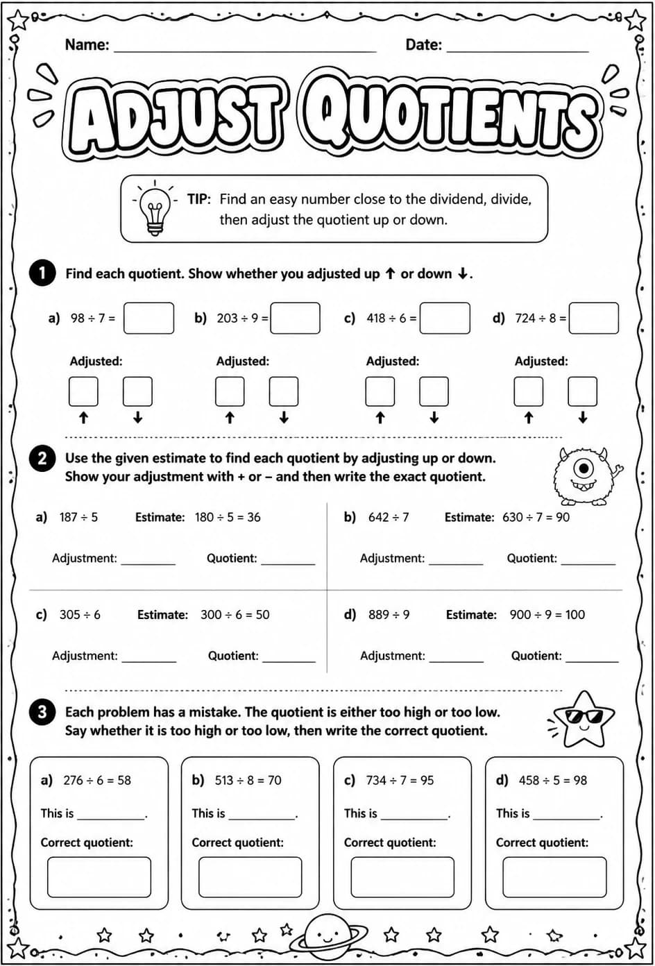 Adjust quotients — free printable Grade 5 math worksheet