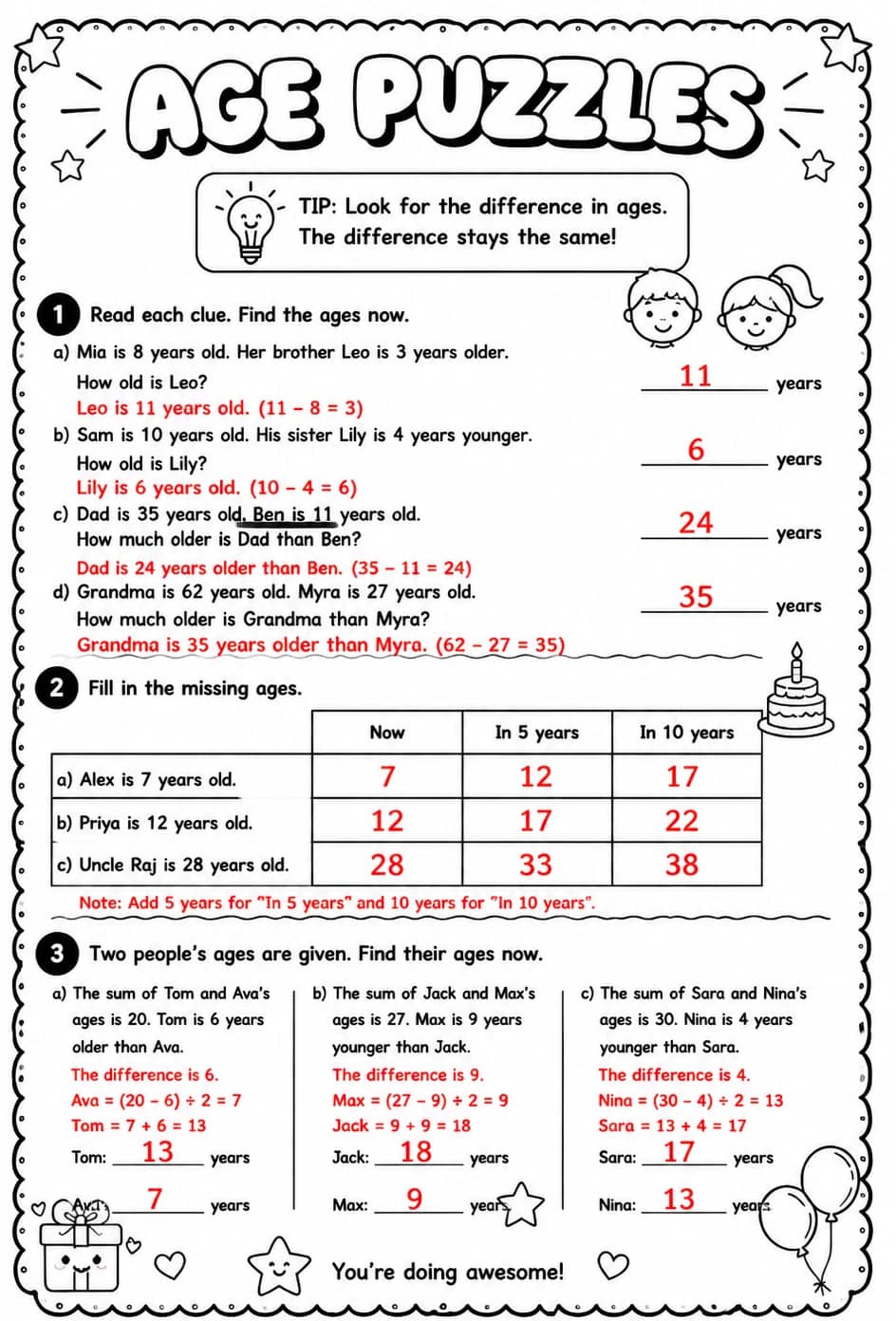 Answer key for Age puzzles — free printable Math worksheet