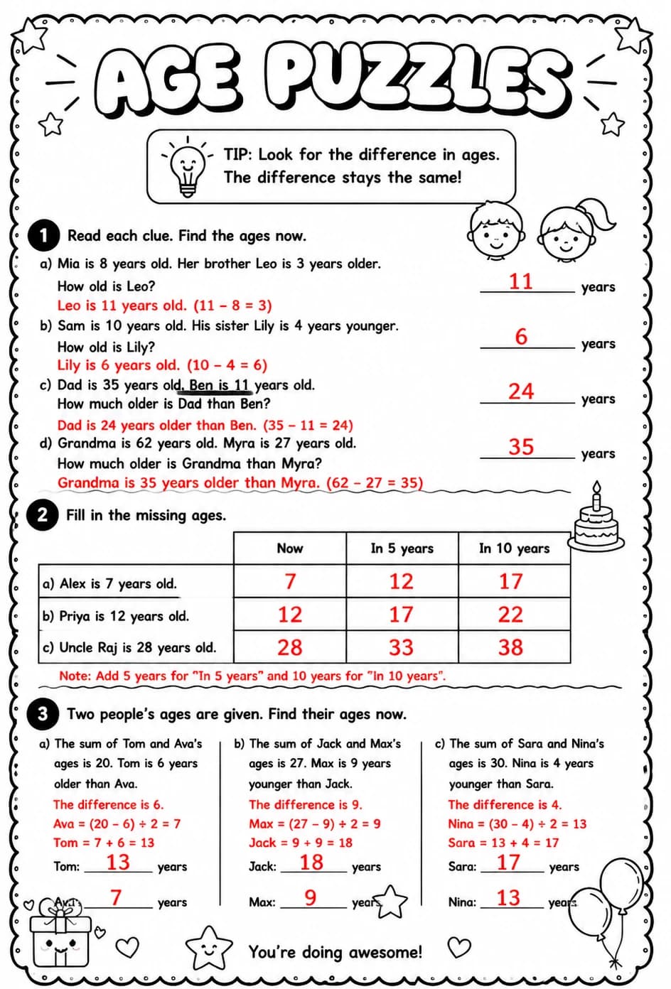 Answer key for Age puzzles — free printable Math worksheet