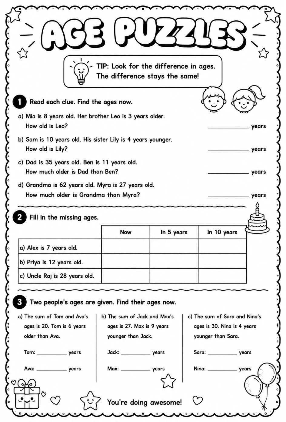 Age puzzles — free printable Grade 3 math worksheet