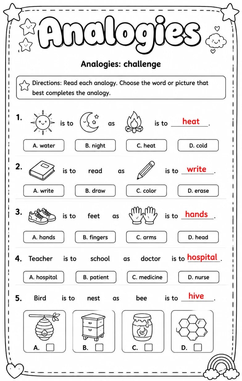 Answer key for Analogies: challenge — free printable English & Reading worksheet