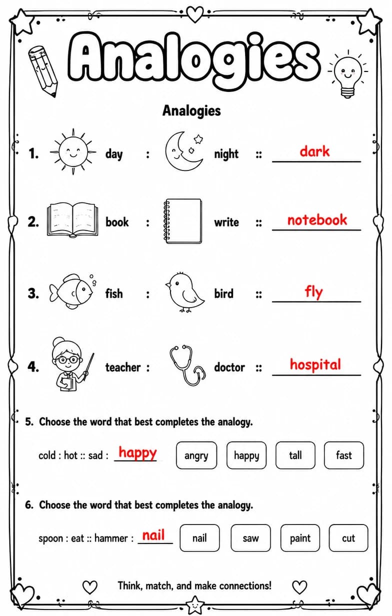 Answer key for Analogies — free printable English & Reading worksheet