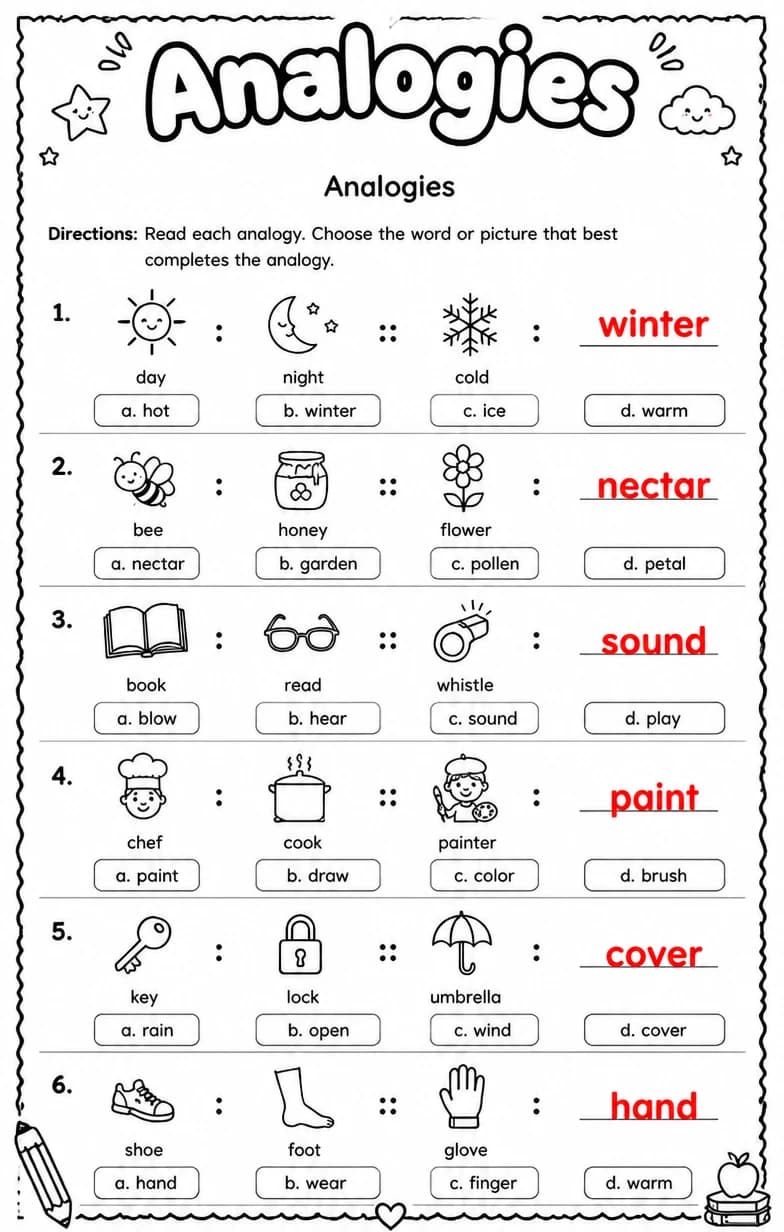 Answer key for Analogies — free printable English & Reading worksheet