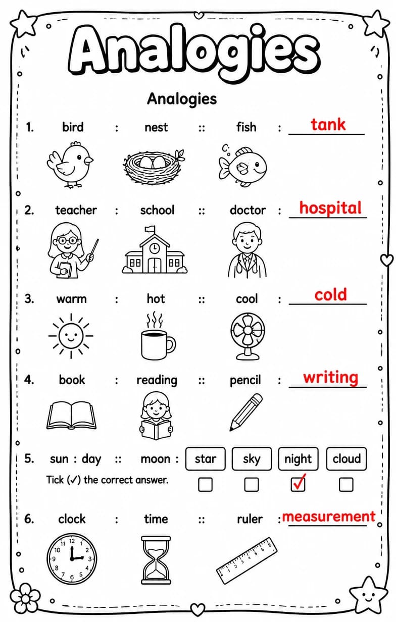 Answer key for Analogies — free printable English & Reading worksheet