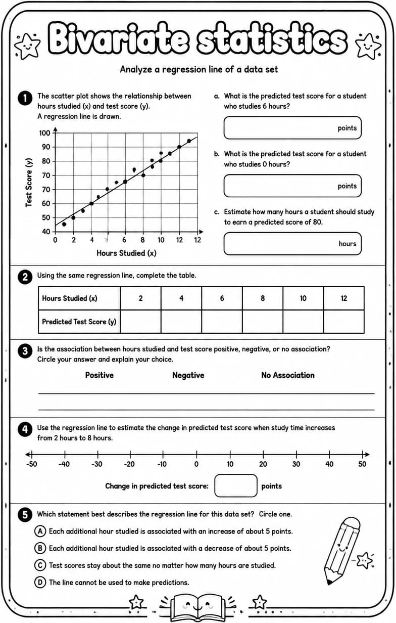 Analyze a regression line of a data set — free printable Algebra 1 math worksheet