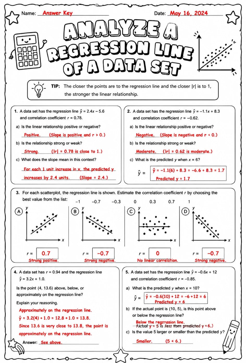 Answer key for Analyze a regression line of a data set — free printable Math worksheet
