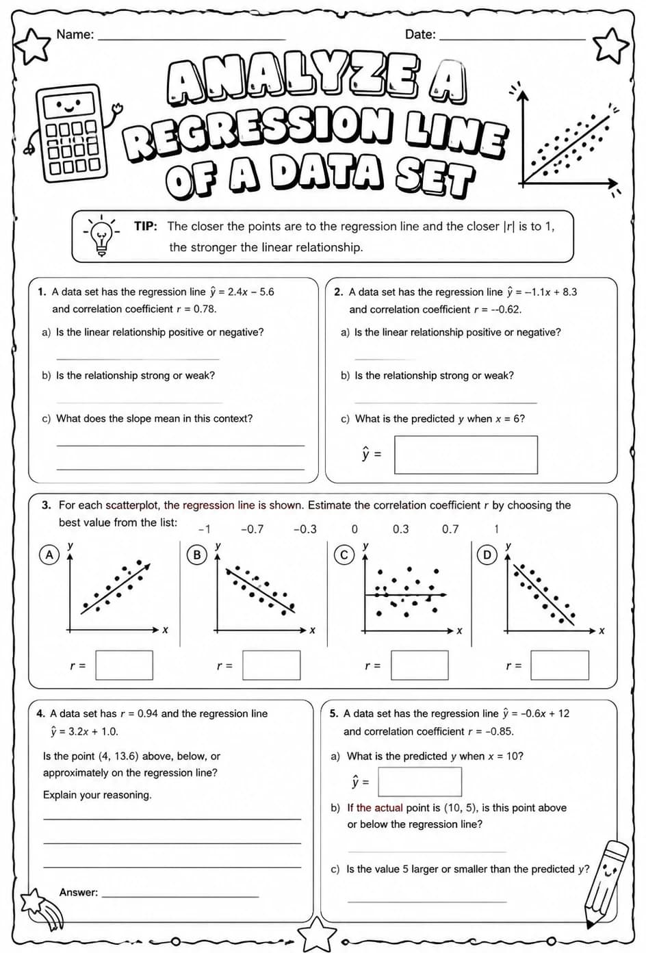 Analyze a regression line of a data set