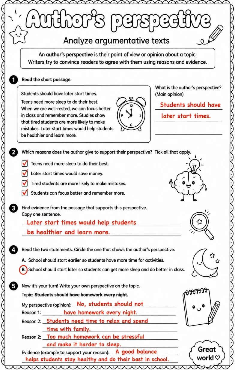 Answer key for Analyze argumentative texts — free printable English & Reading worksheet