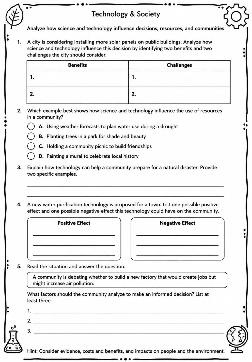 Analyze how science and technology influence decisions, resources, and communities — free printable High School Science worksheet