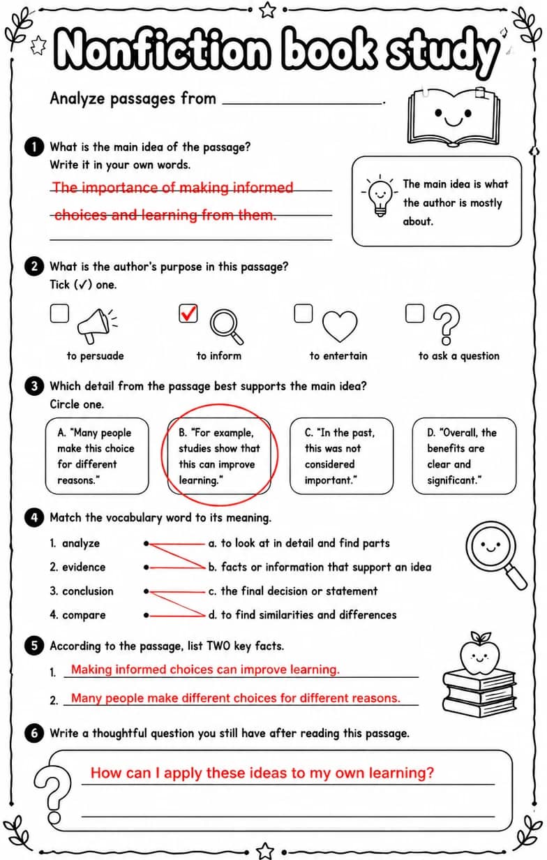 Answer key for Analyze passages from — free printable English & Reading worksheet