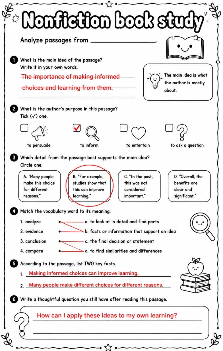 Answer key for Analyze passages from — free printable English & Reading worksheet