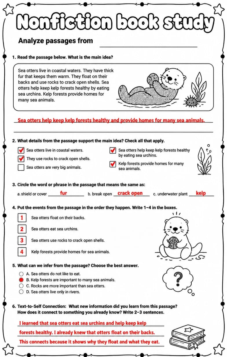 Answer key for Analyze passages from — free printable English & Reading worksheet