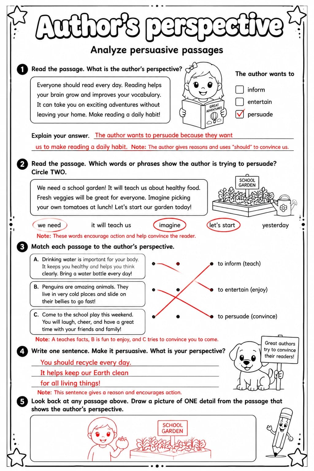 Answer key for Analyze persuasive passages — free printable English & Reading worksheet