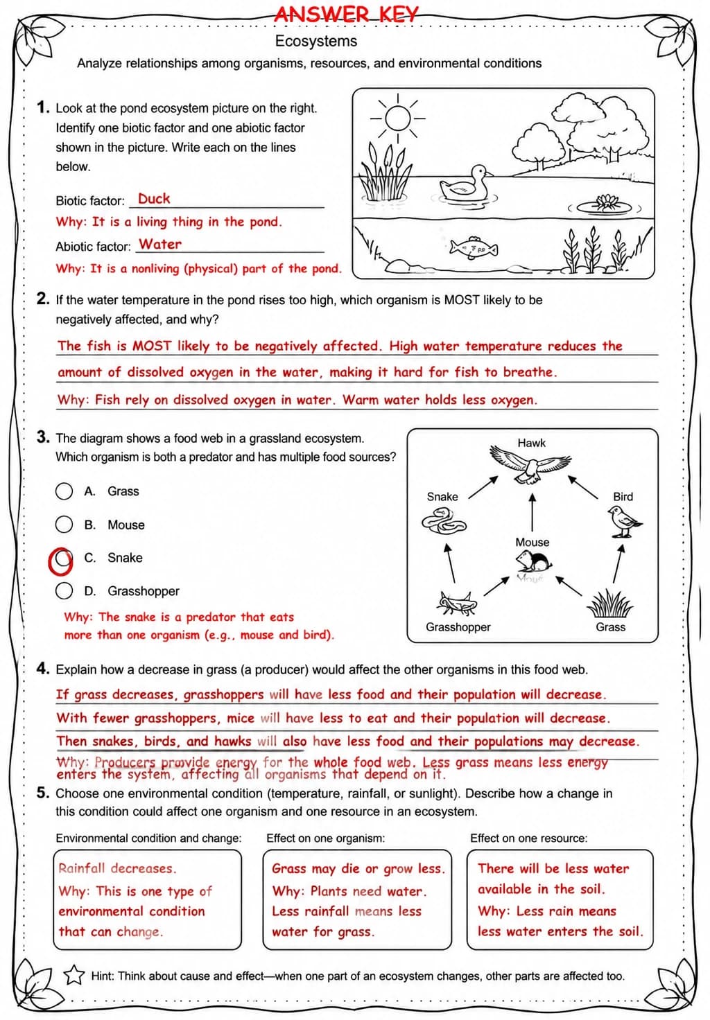 Answer key for Analyze relationships among organisms, resources, and environmental conditions — free printable Science worksheet