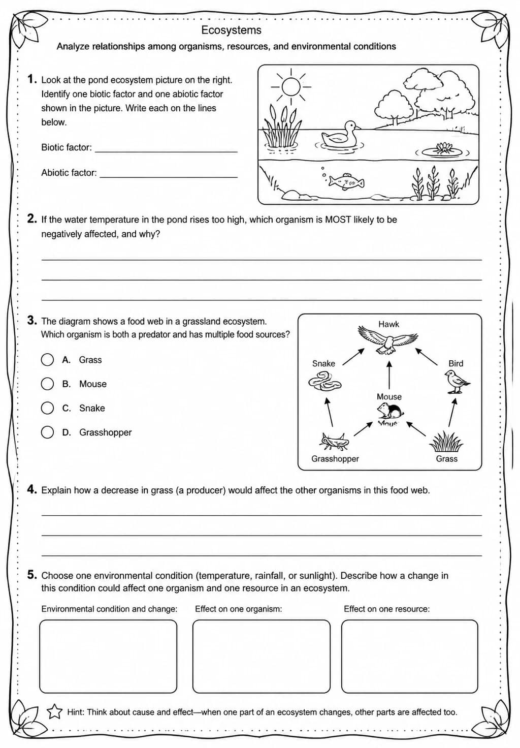 Analyze relationships among organisms, resources, and environmental conditions — free printable High School Science worksheet