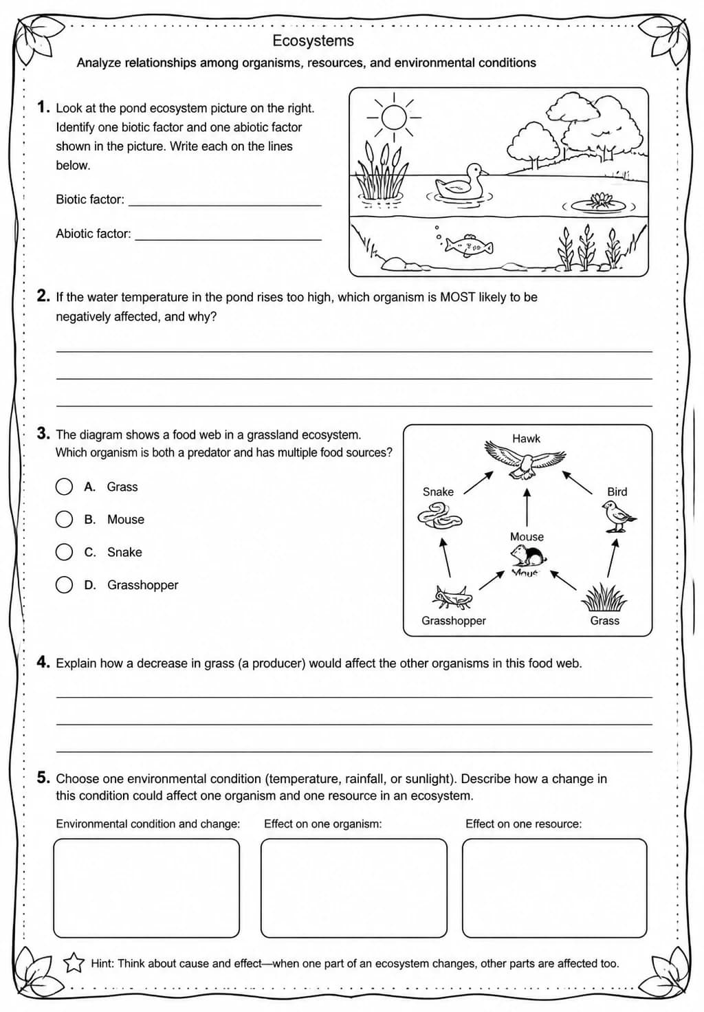 Analyze relationships among organisms, resources, and environmental conditions — free printable High School Science worksheet