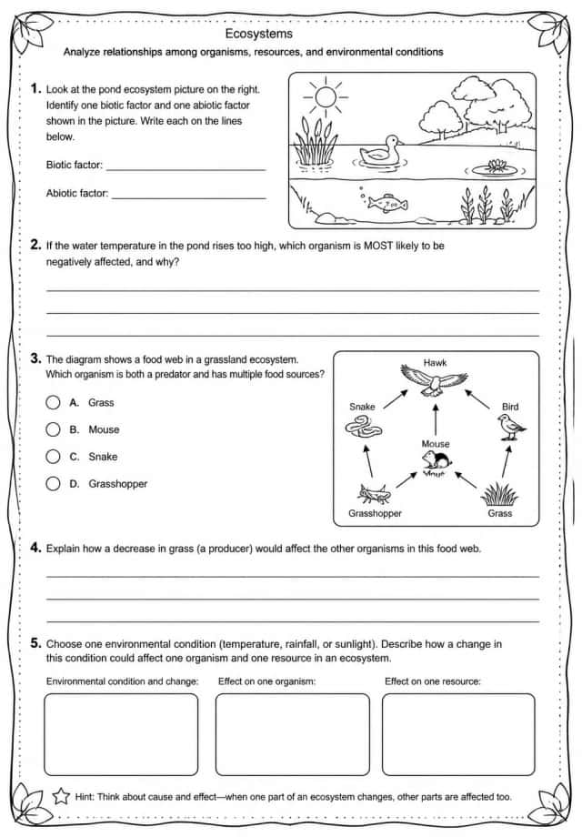 Analyze relationships among organisms, resources, and environmental conditions