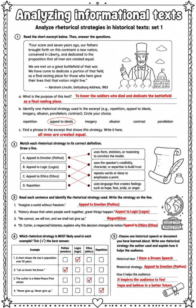 Answer key for Analyze rhetorical strategies in historical texts: set 1 — free printable English & Reading worksheet
