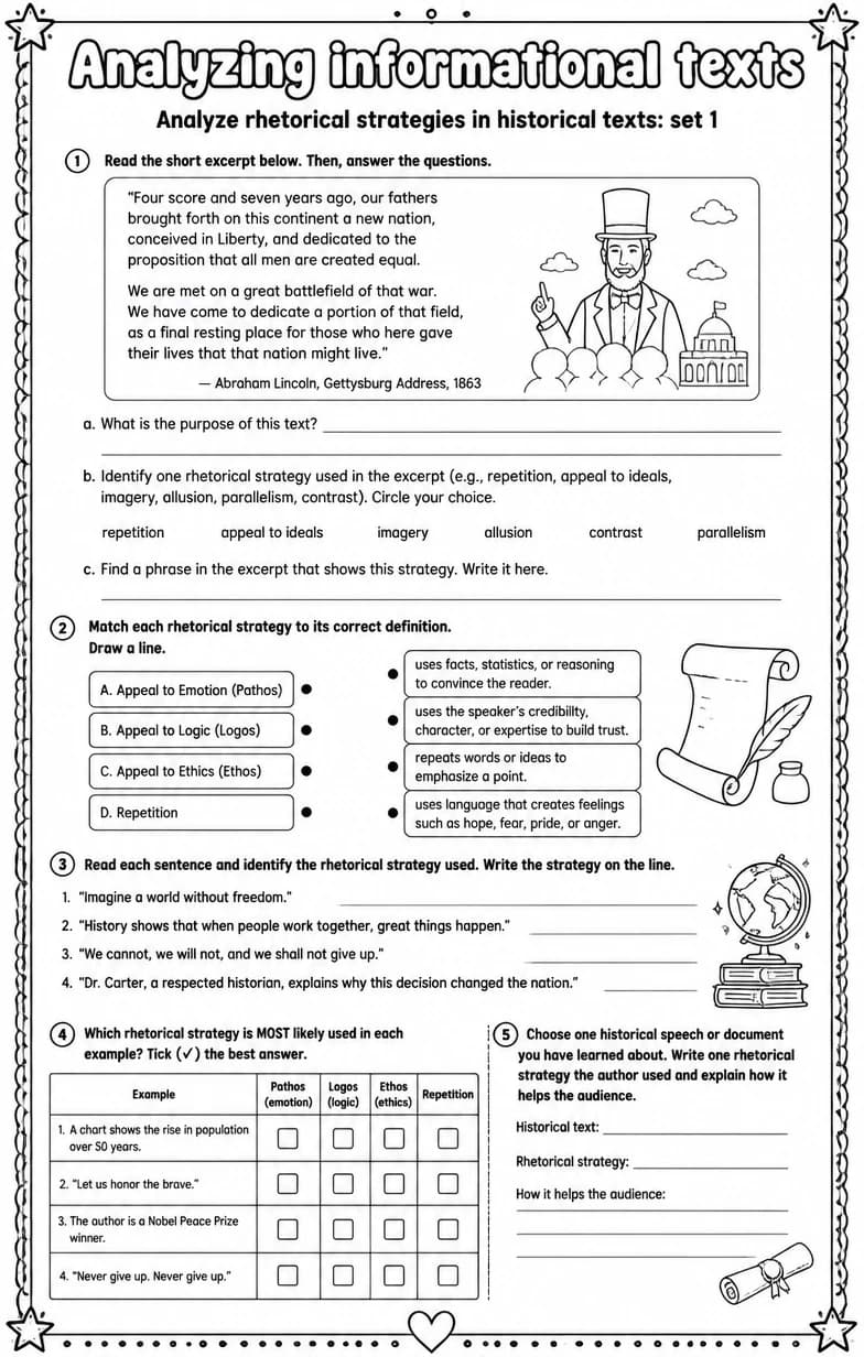 Analyze rhetorical strategies in historical texts: set 1 — free printable Reading strategies English worksheet