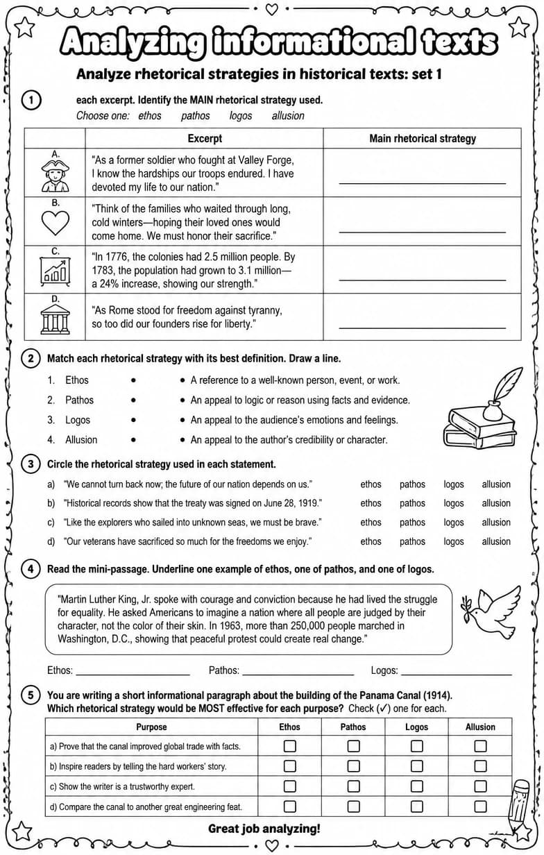 Analyze rhetorical strategies in historical texts: set 1 — free printable Reading strategies English worksheet