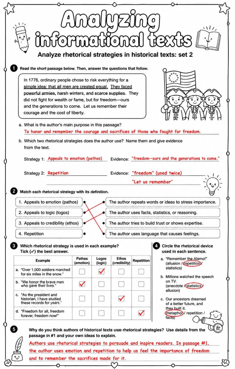 Answer key for Analyze rhetorical strategies in historical texts: set 2 — free printable English & Reading worksheet