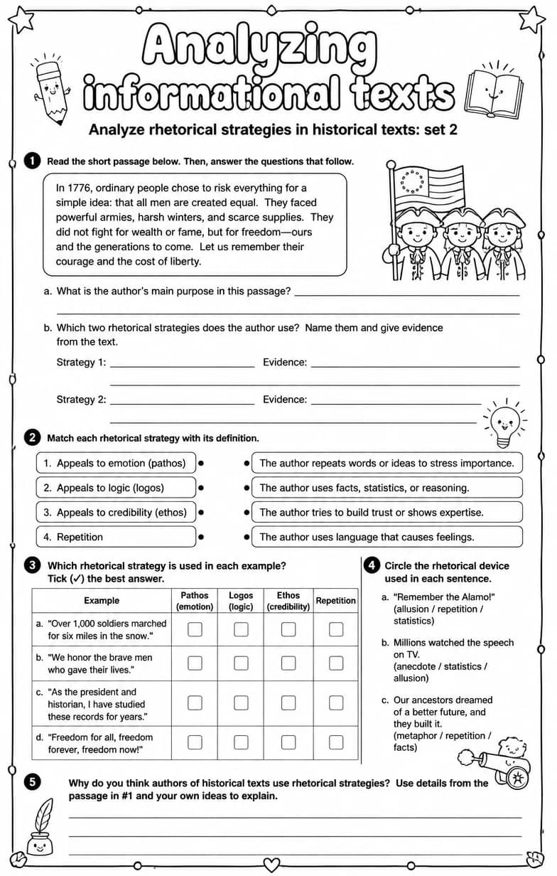 Analyze rhetorical strategies in historical texts: set 2 — free printable Reading strategies English worksheet