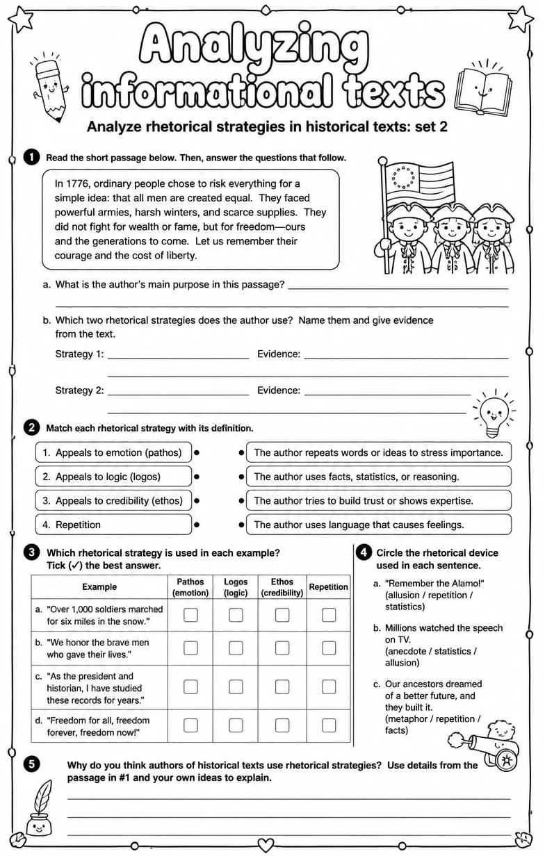 Analyze rhetorical strategies in historical texts: set 2 — free printable Reading strategies English worksheet
