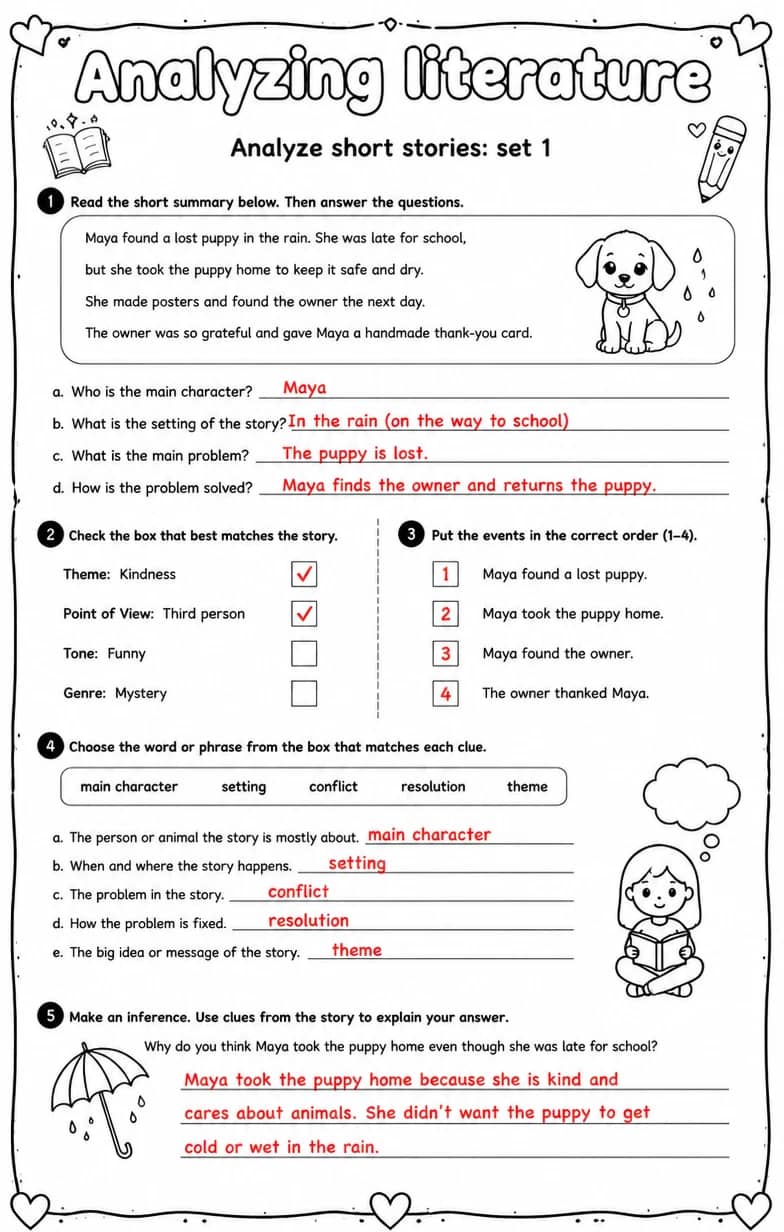 Answer key for Analyze short stories: set 1 — free printable English & Reading worksheet
