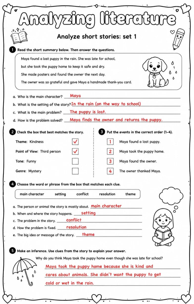 Answer key for Analyze short stories: set 1 — free printable English & Reading worksheet