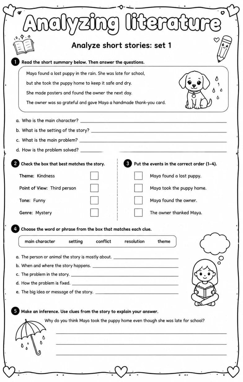 Analyze short stories: set 1 — free printable Reading strategies English worksheet