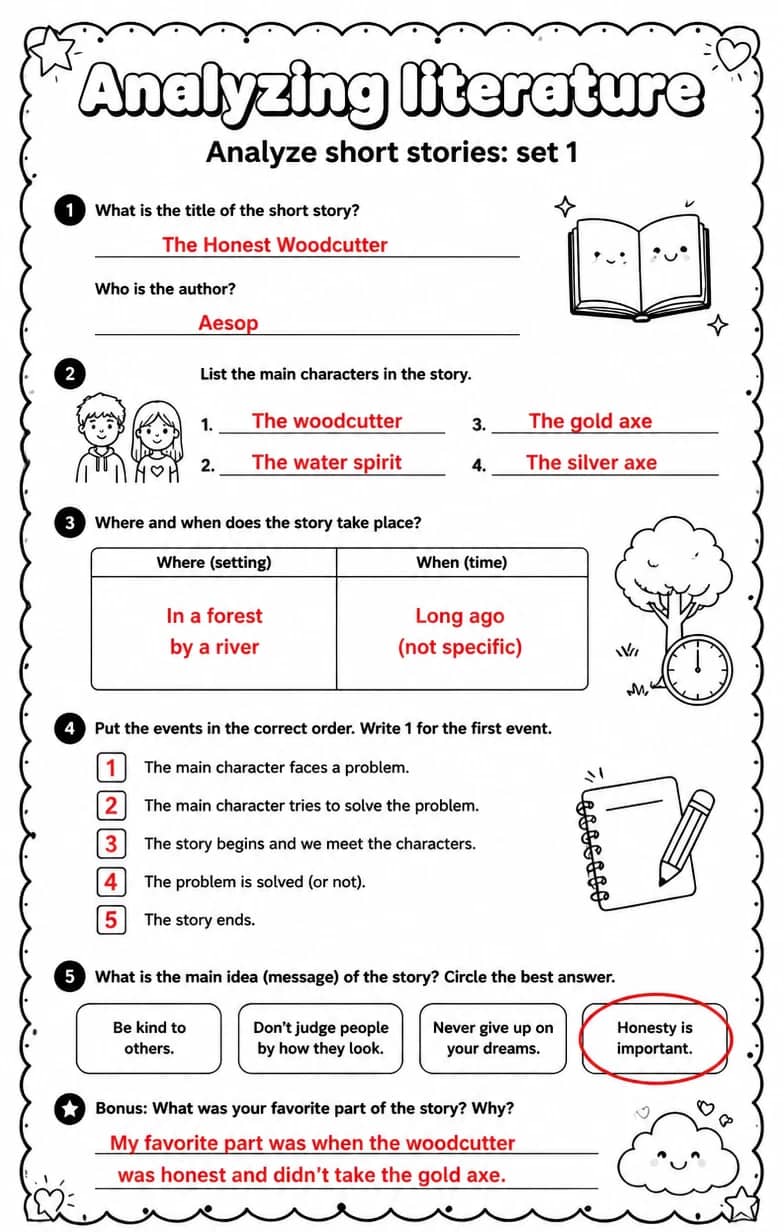 Answer key for Analyze short stories: set 1 — free printable English & Reading worksheet