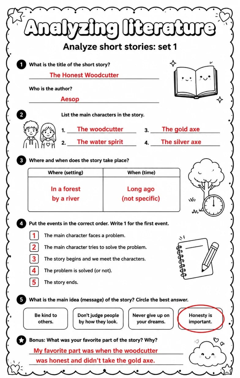 Answer key for Analyze short stories: set 1 — free printable English & Reading worksheet