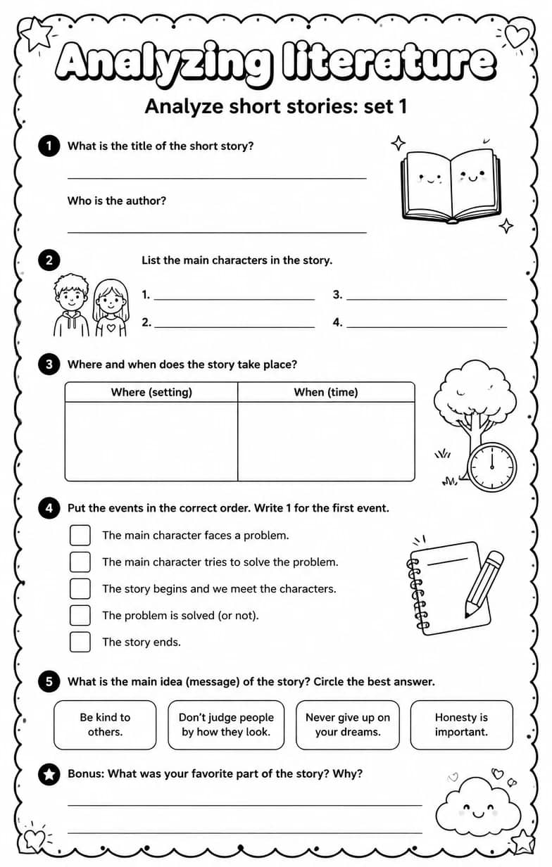 Analyze short stories: set 1 — free printable Reading strategies English worksheet
