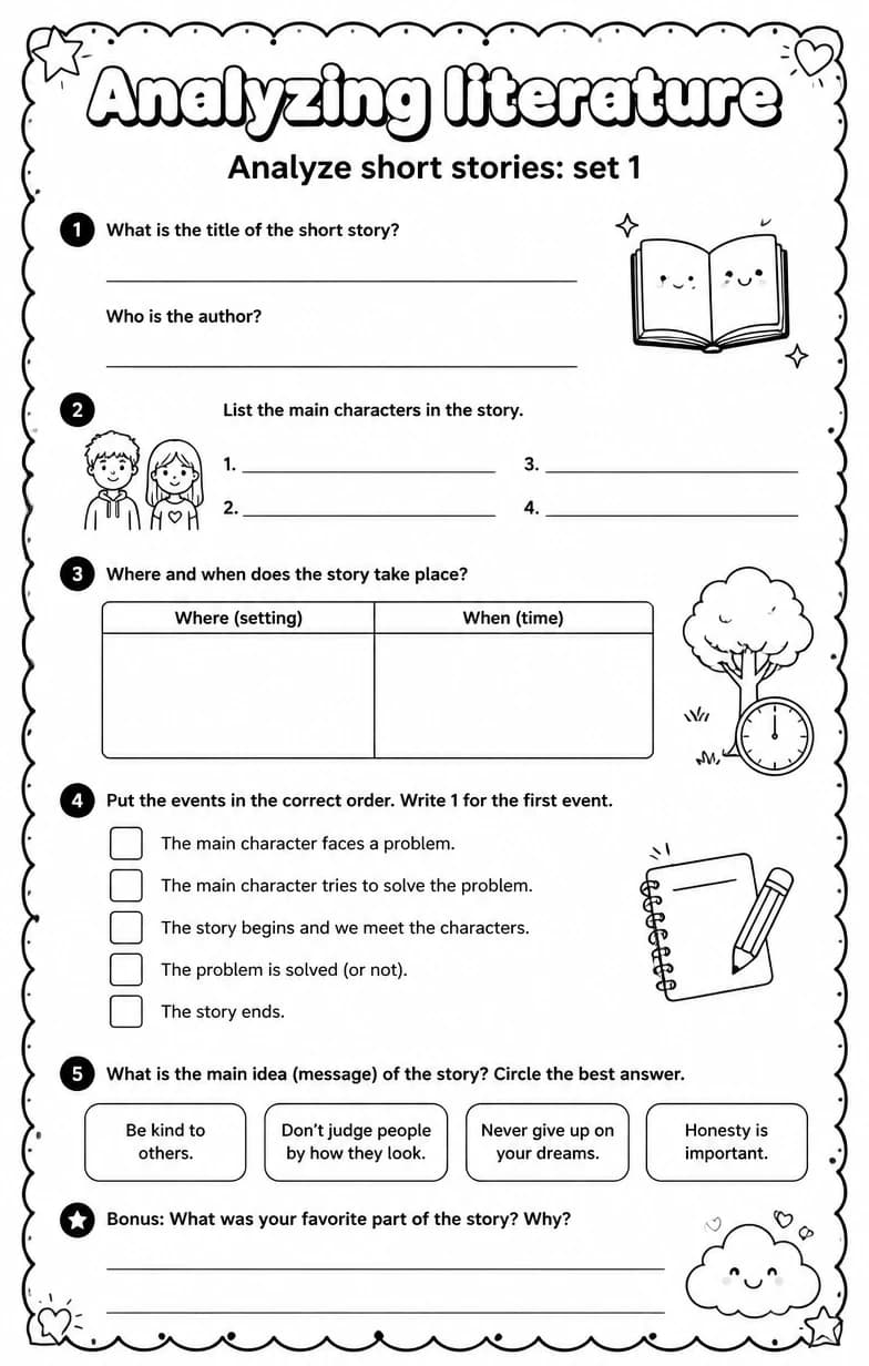 Analyze short stories: set 1 — free printable Reading strategies English worksheet
