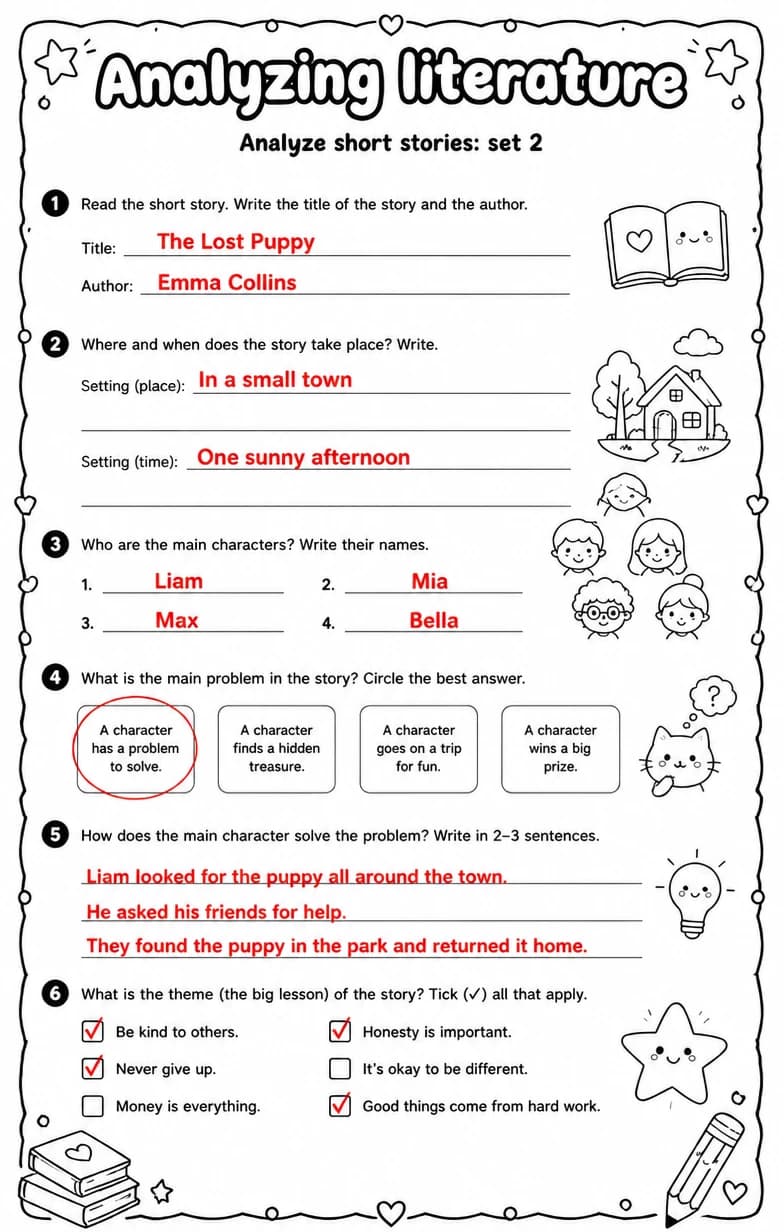Answer key for Analyze short stories: set 2 — free printable English & Reading worksheet