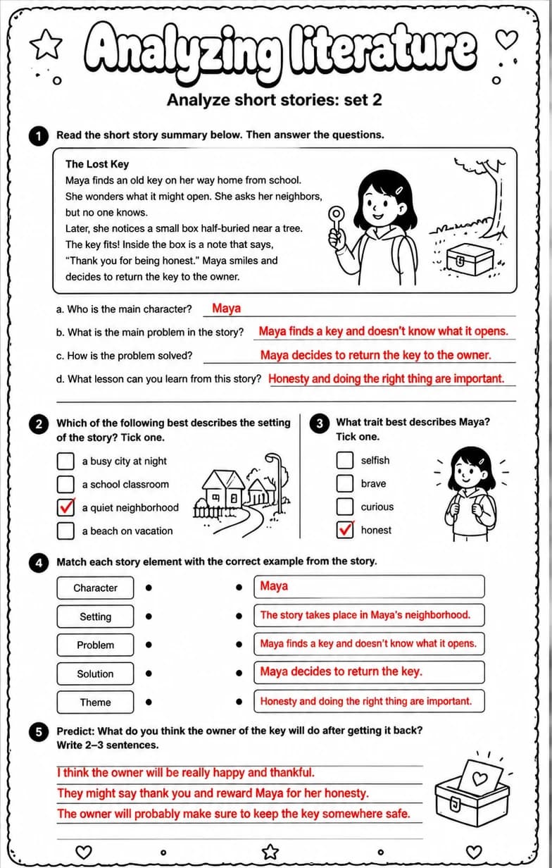 Answer key for Analyze short stories: set 2 — free printable English & Reading worksheet
