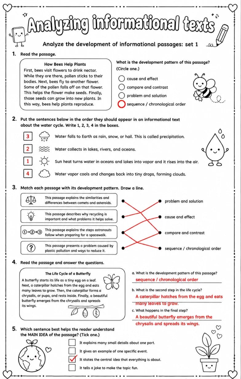 Answer key for Analyze the development of informational passages: set 1 — free printable English & Reading worksheet