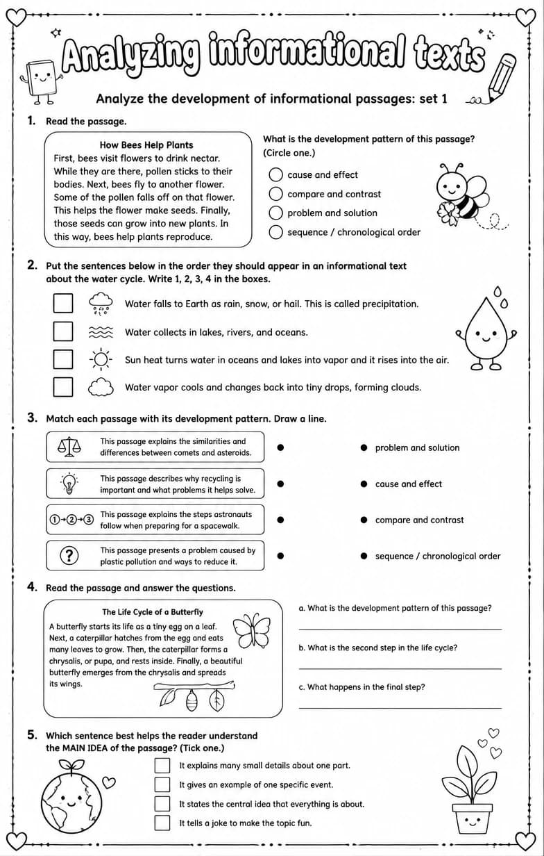 Analyze the development of informational passages: set 1 — free printable Reading strategies English worksheet