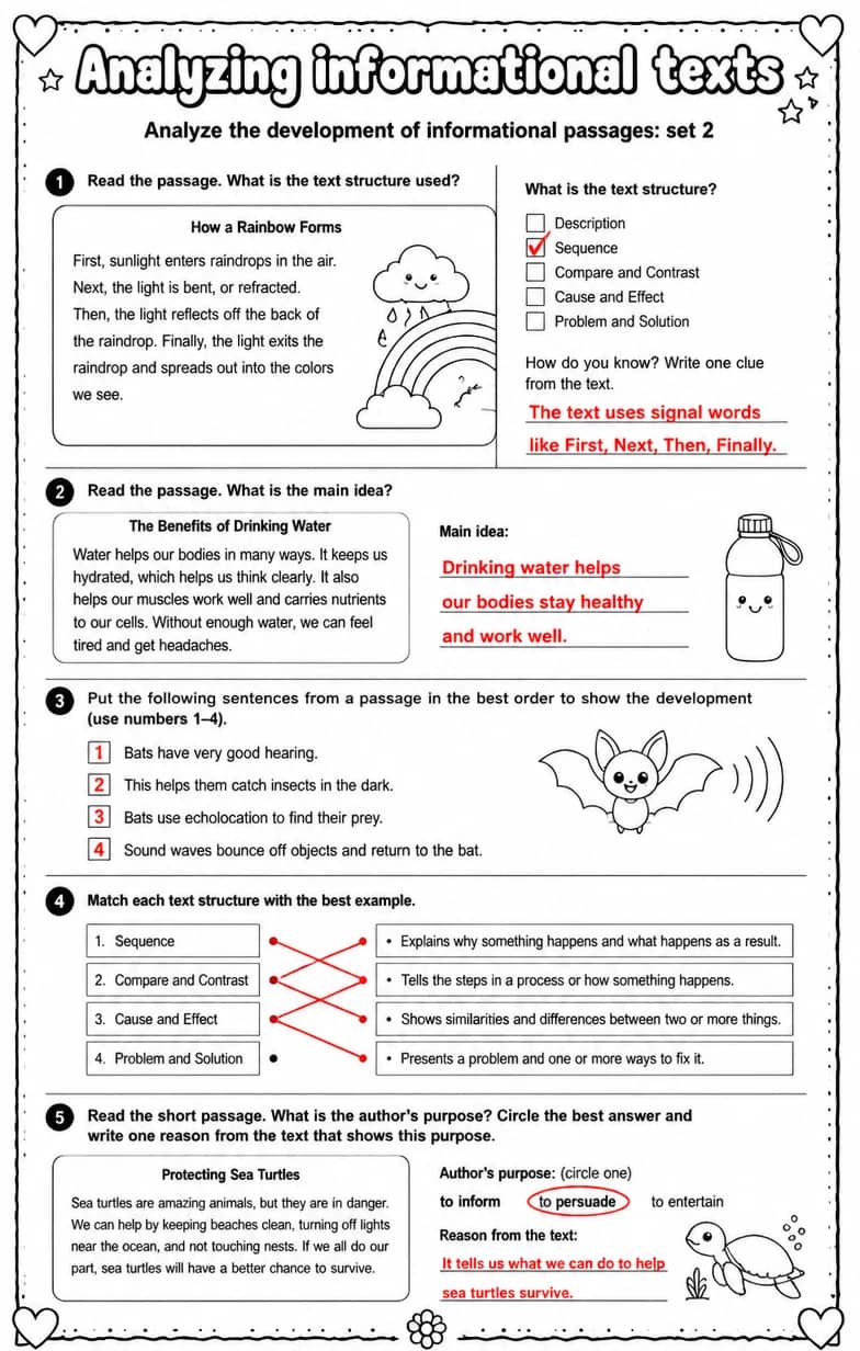 Answer key for Analyze the development of informational passages: set 2 — free printable English & Reading worksheet