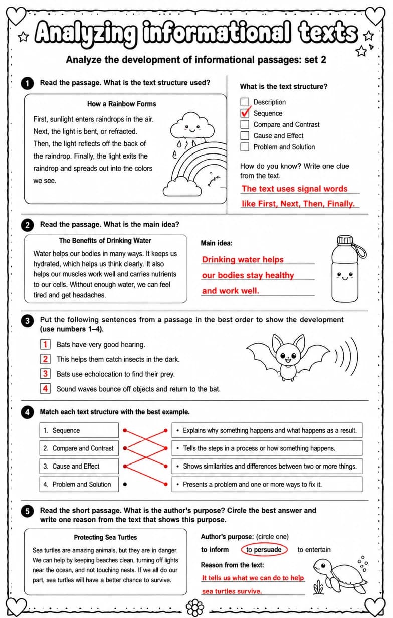 Answer key for Analyze the development of informational passages: set 2 — free printable English & Reading worksheet